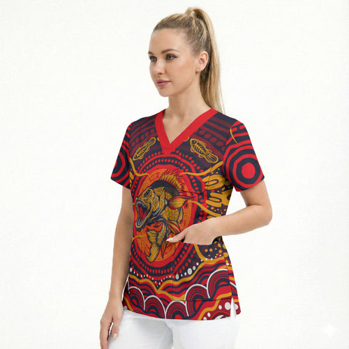 Personalized Barramundi Fish Scrub Top Australian Tropical Fish Indigenous Aboriginal Dot Art