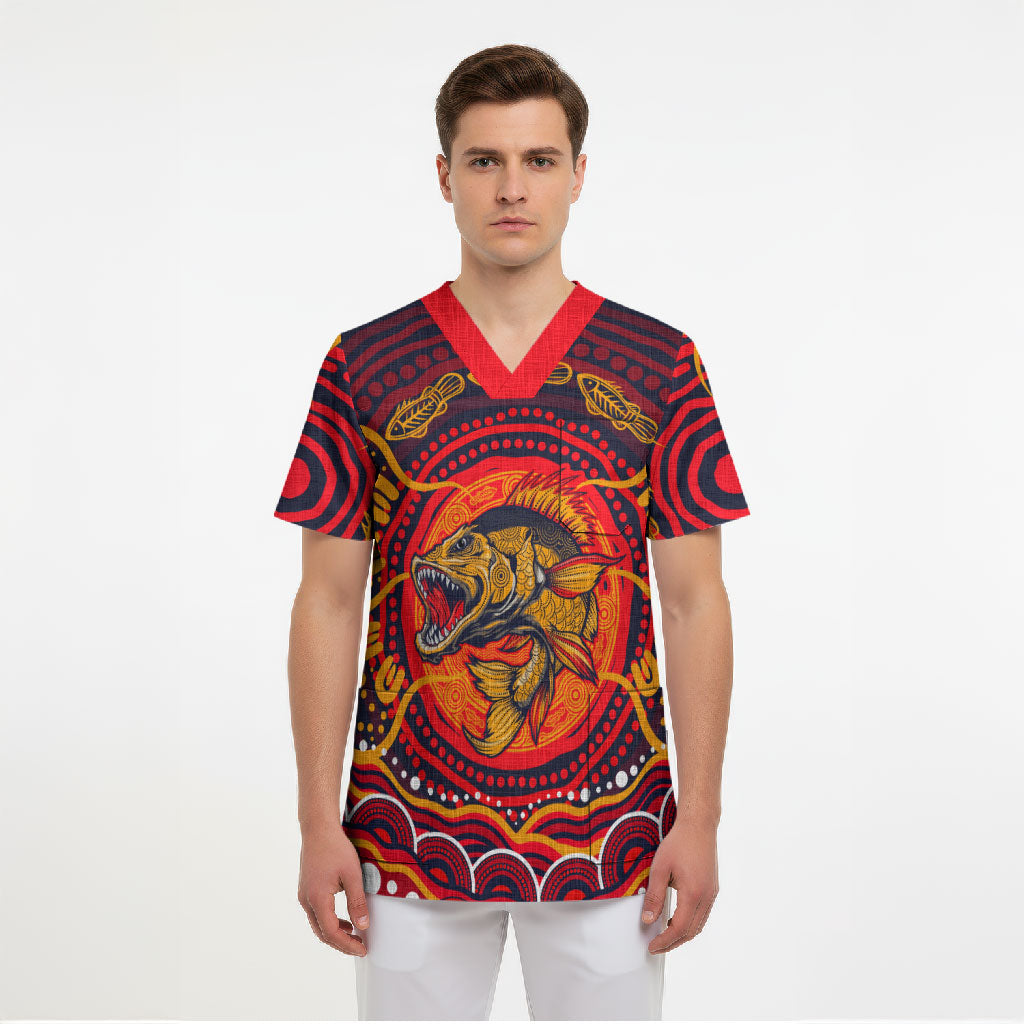 Personalized Barramundi Fish Scrub Top Australian Tropical Fish Indigenous Aboriginal Dot Art