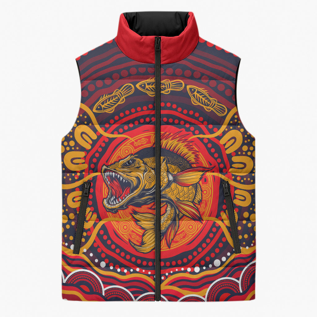 Personalized Barramundi Fish Sleeveless Puffer Jacket Australian Tropical Fish Indigenous Aboriginal Dot Art