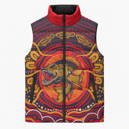 Personalized Barramundi Fish Sleeveless Puffer Jacket Australian Tropical Fish Indigenous Aboriginal Dot Art