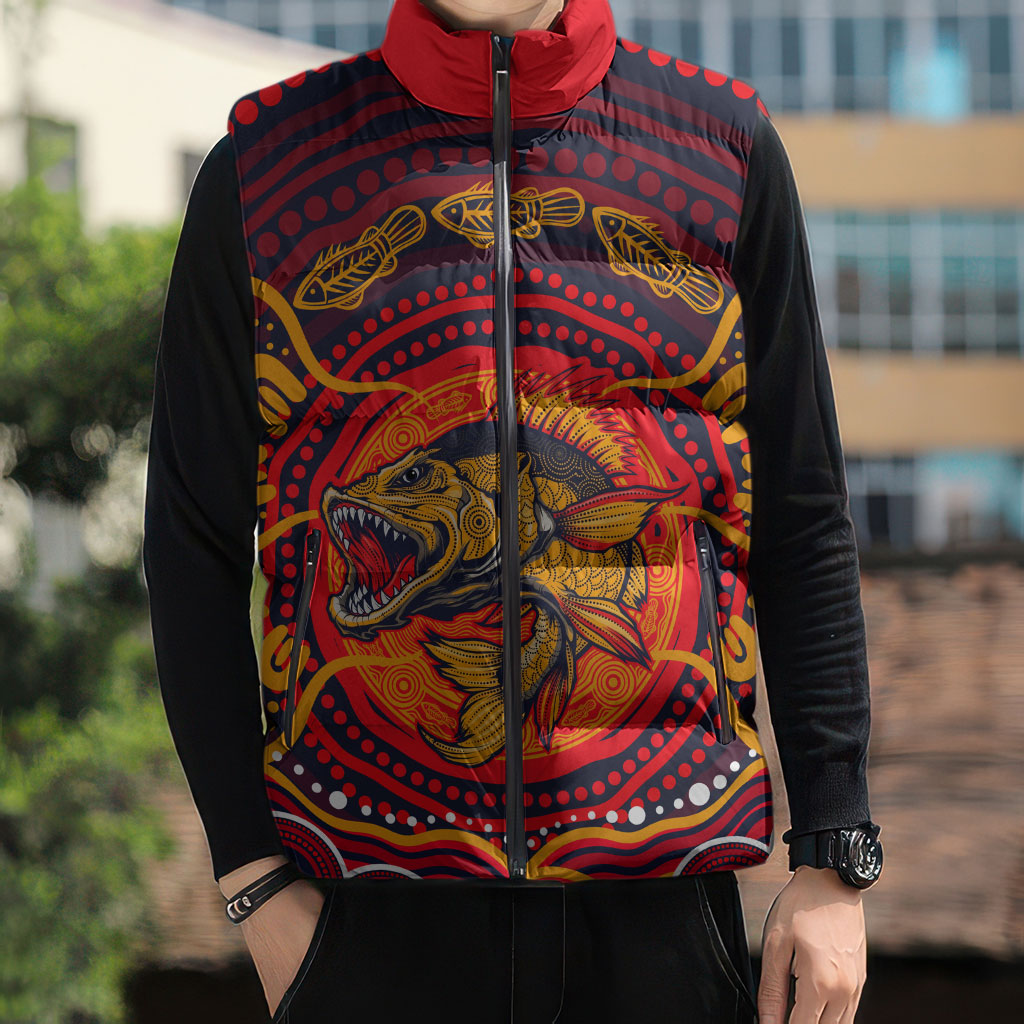 Personalized Barramundi Fish Sleeveless Puffer Jacket Australian Tropical Fish Indigenous Aboriginal Dot Art