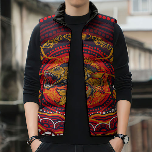 Personalized Barramundi Fish Sleeveless Puffer Jacket Australian Tropical Fish Indigenous Aboriginal Dot Art