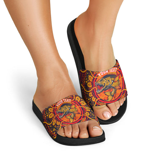 Personalized Barramundi Fish Slide Sandals Australian Tropical Fish Indigenous Aboriginal Dot Art