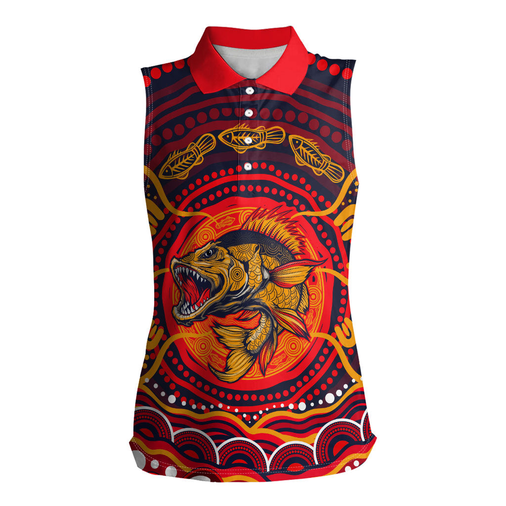 Personalized Barramundi Fish Women Sleeveless Polo Shirt Australian Tropical Fish Indigenous Aboriginal Dot Art