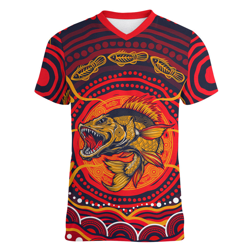 Personalized Barramundi Fish Women V-Neck T-Shirt Australian Tropical Fish Indigenous Aboriginal Dot Art