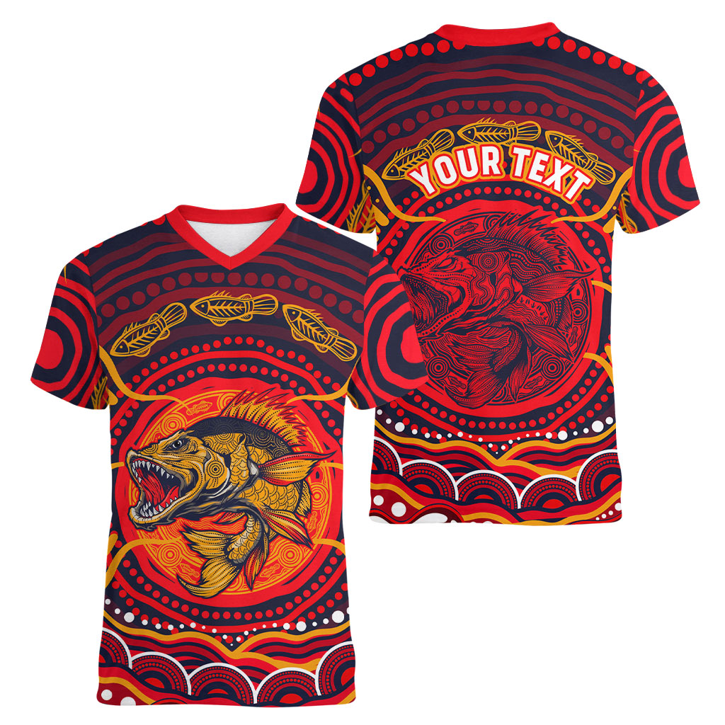 Personalized Barramundi Fish Women V-Neck T-Shirt Australian Tropical Fish Indigenous Aboriginal Dot Art