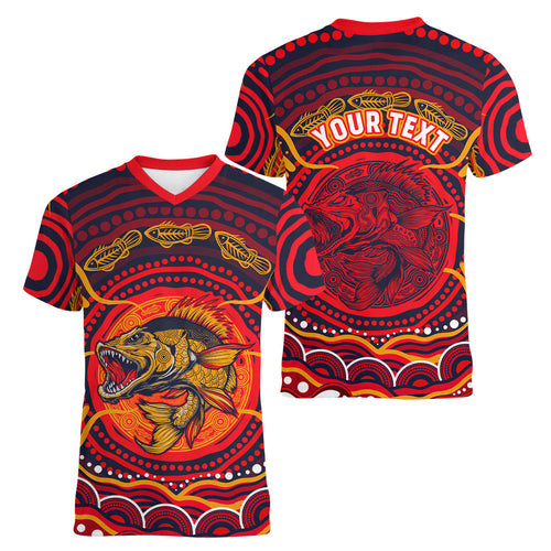 Personalized Barramundi Fish Women V-Neck T-Shirt Australian Tropical Fish Indigenous Aboriginal Dot Art