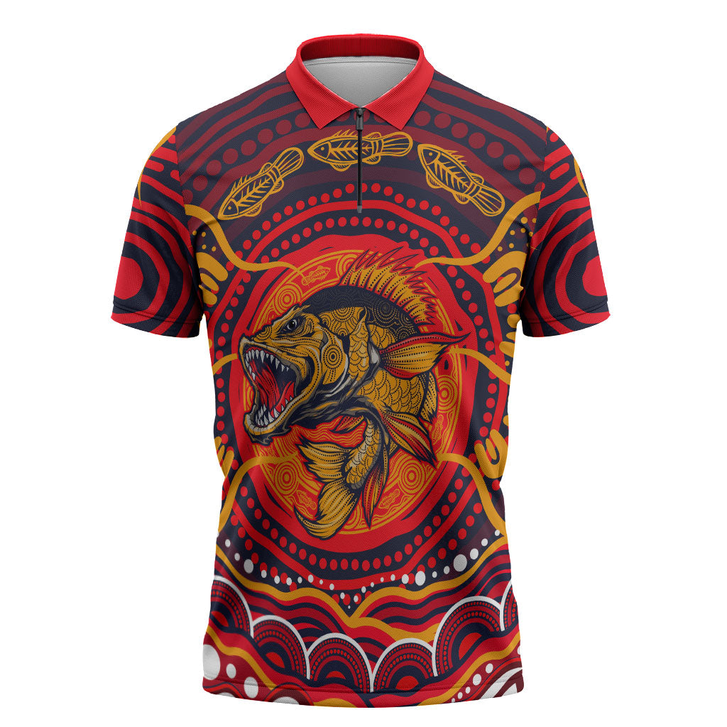 Personalized Barramundi Fish Zipper Polo Shirt Australian Tropical Fish Indigenous Aboriginal Dot Art