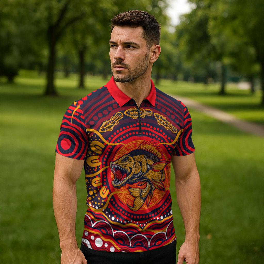 Personalized Barramundi Fish Zipper Polo Shirt Australian Tropical Fish Indigenous Aboriginal Dot Art