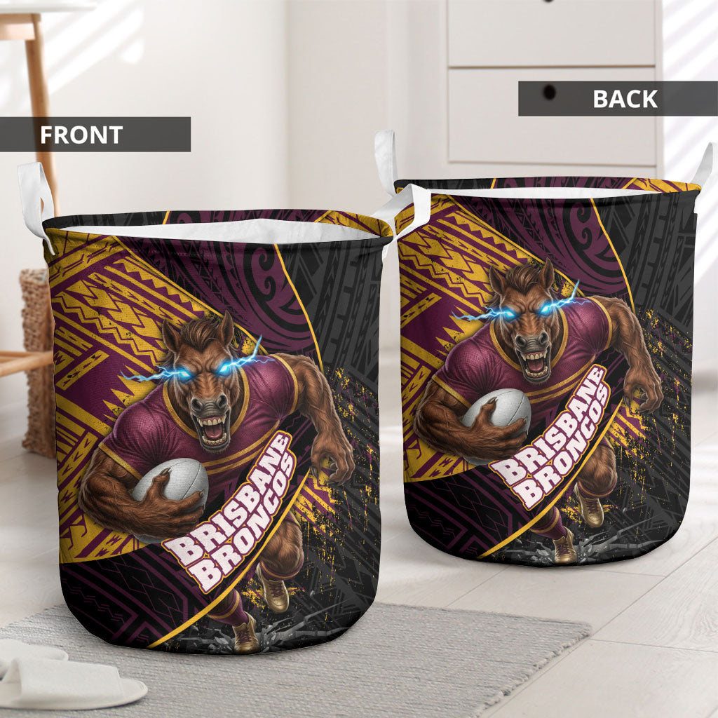 Brisbane Broncos Rugby Laundry Basket Tribal Polynesian Power Art - Lightning Mascot