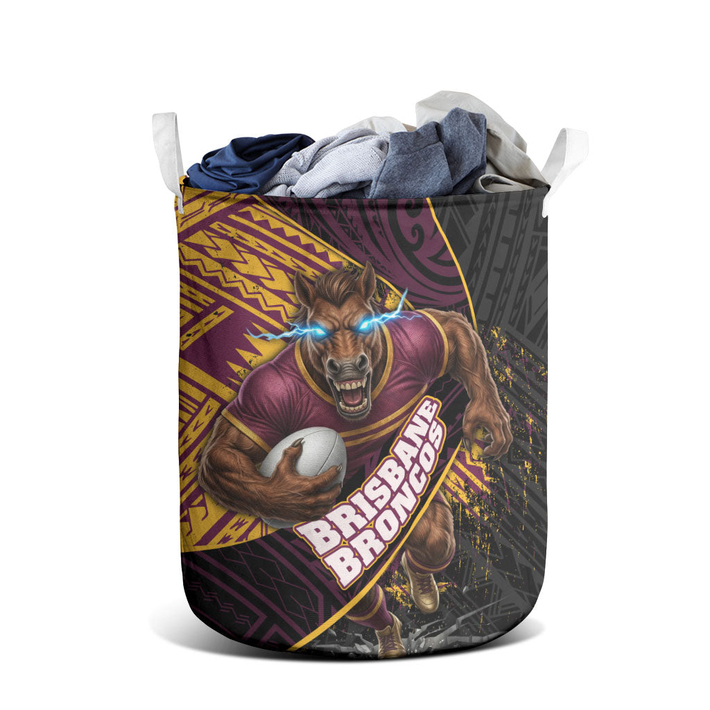 Brisbane Broncos Rugby Laundry Basket Tribal Polynesian Power Art - Lightning Mascot