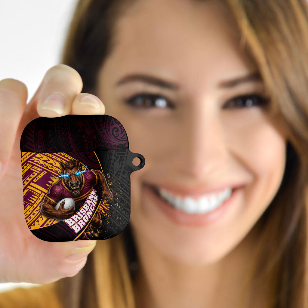 Brisbane Broncos Rugby AirPods Case Tribal Polynesian Power Art - Lightning Mascot