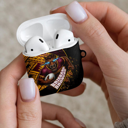 Brisbane Broncos Rugby AirPods Case Tribal Polynesian Power Art - Lightning Mascot