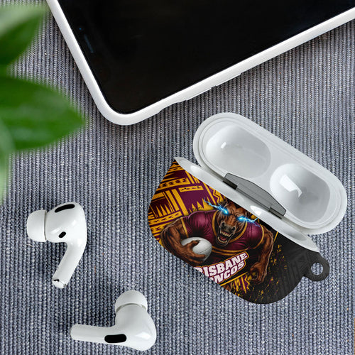 Brisbane Broncos Rugby AirPods Case Tribal Polynesian Power Art - Lightning Mascot