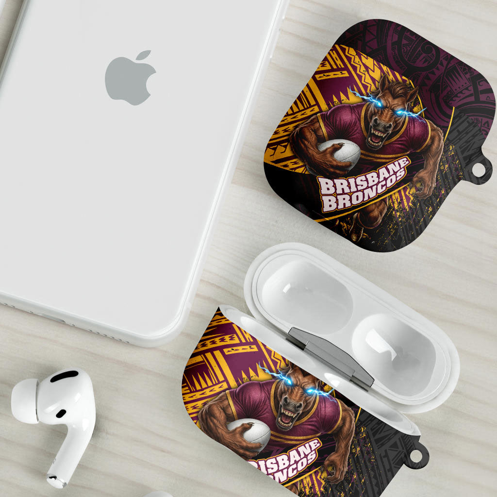 Brisbane Broncos Rugby AirPods Case Tribal Polynesian Power Art - Lightning Mascot