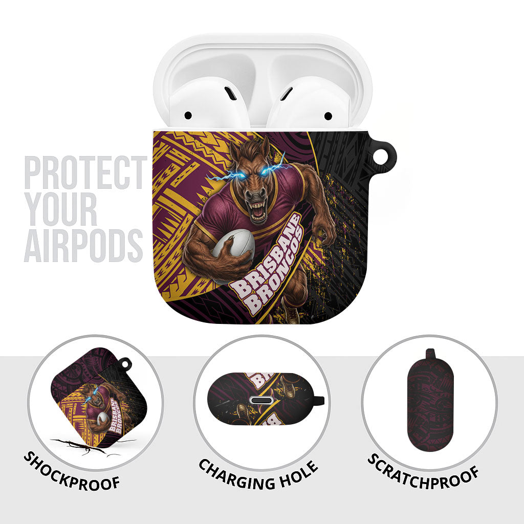 Brisbane Broncos Rugby AirPods Case Tribal Polynesian Power Art - Lightning Mascot