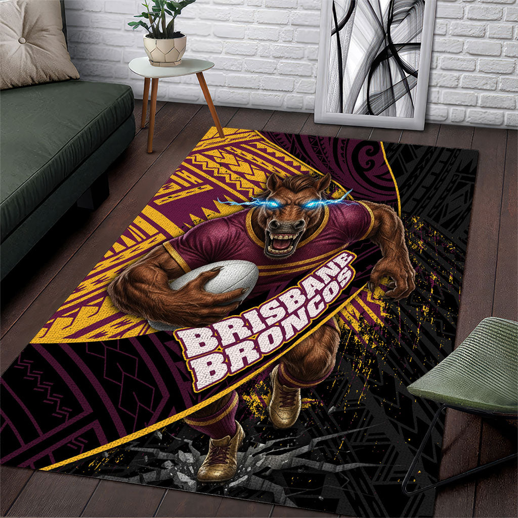 Brisbane Broncos Rugby Area Rug Tribal Polynesian Power Art - Lightning Mascot