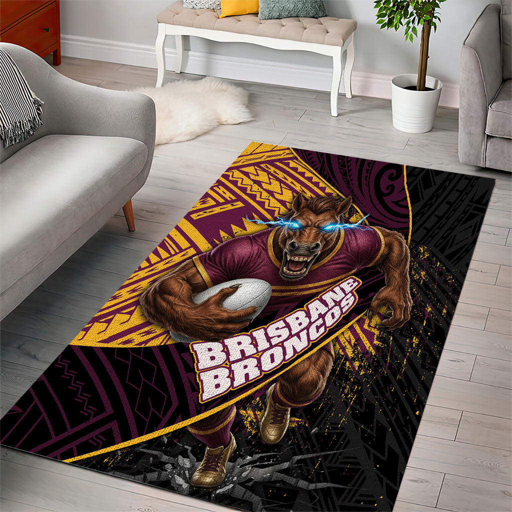 Brisbane Broncos Rugby Area Rug Tribal Polynesian Power Art - Lightning Mascot