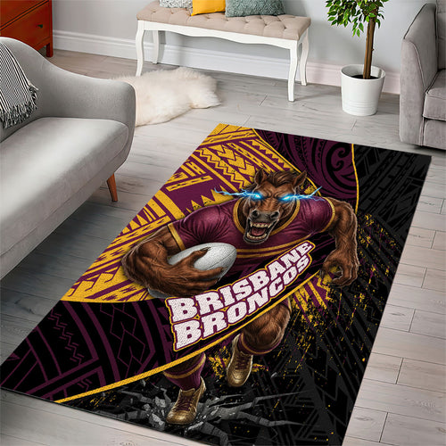 Brisbane Broncos Rugby Area Rug Tribal Polynesian Power Art - Lightning Mascot