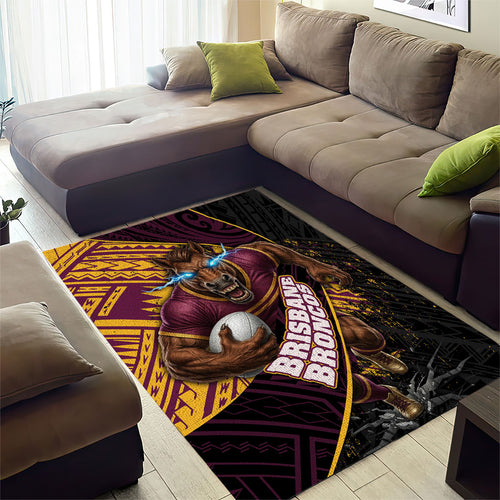 Brisbane Broncos Rugby Area Rug Tribal Polynesian Power Art - Lightning Mascot