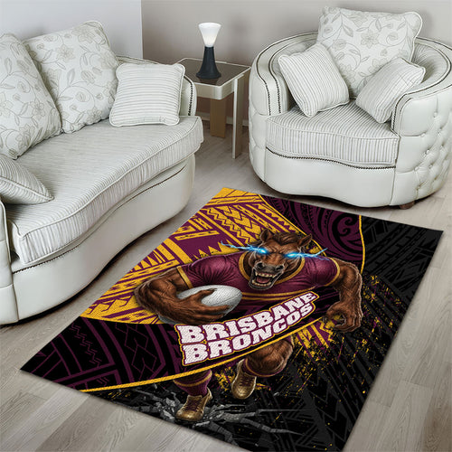Brisbane Broncos Rugby Area Rug Tribal Polynesian Power Art - Lightning Mascot