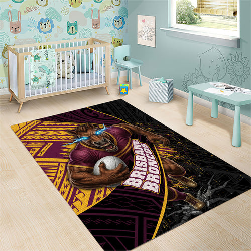 Brisbane Broncos Rugby Area Rug Tribal Polynesian Power Art - Lightning Mascot