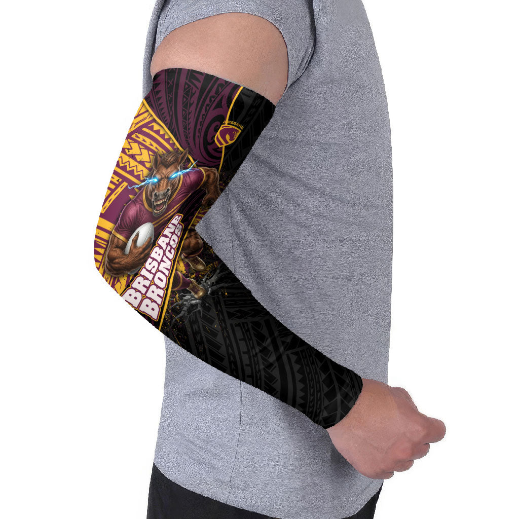 Brisbane Broncos Rugby Arm Sleeves Tribal Polynesian Power Art - Lightning Mascot