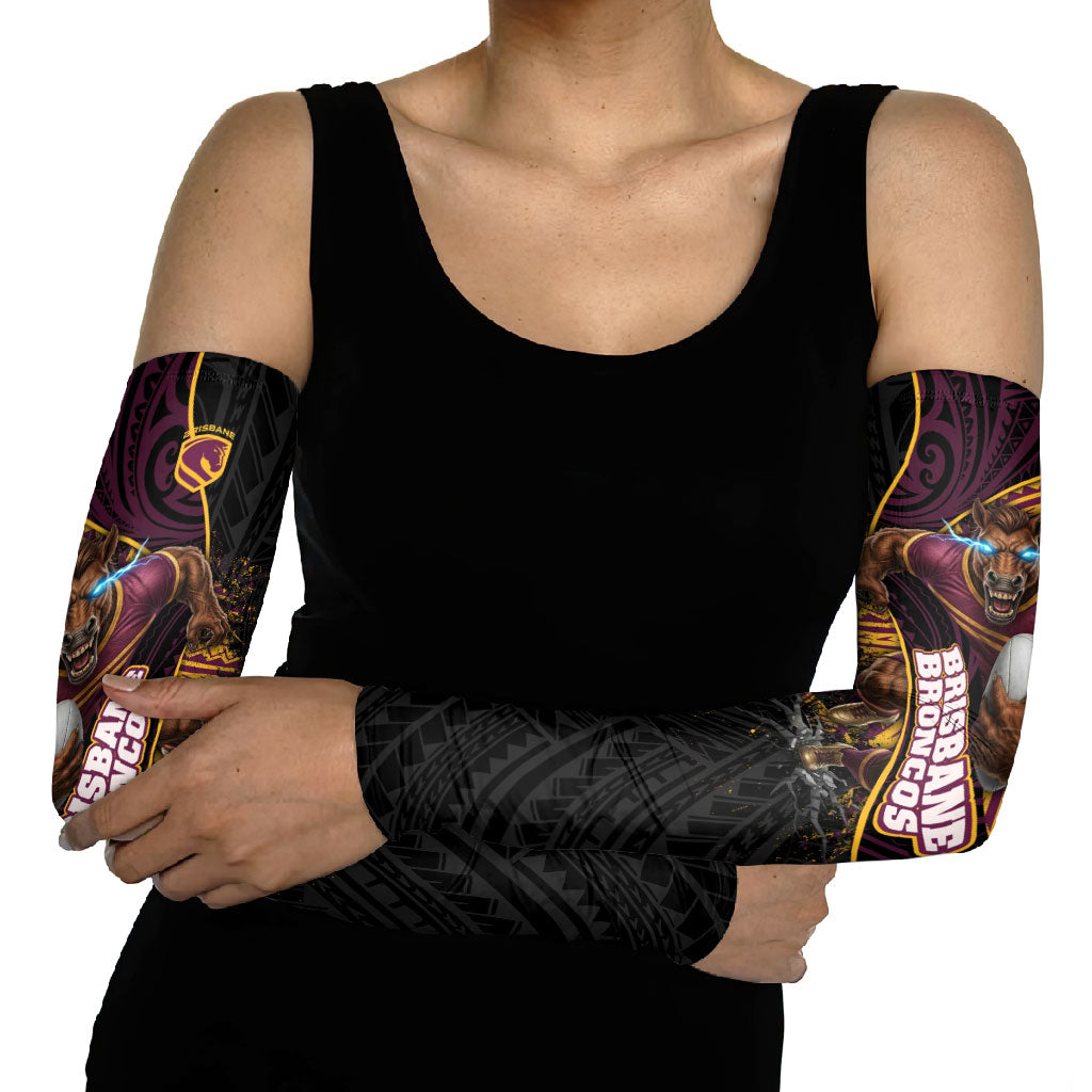 Brisbane Broncos Rugby Arm Sleeves Tribal Polynesian Power Art - Lightning Mascot