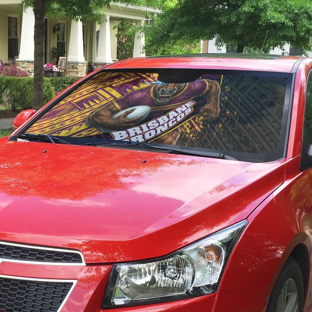 Brisbane Broncos Rugby Auto Sun Shade Tribal Polynesian Power Art - Lightning Mascot