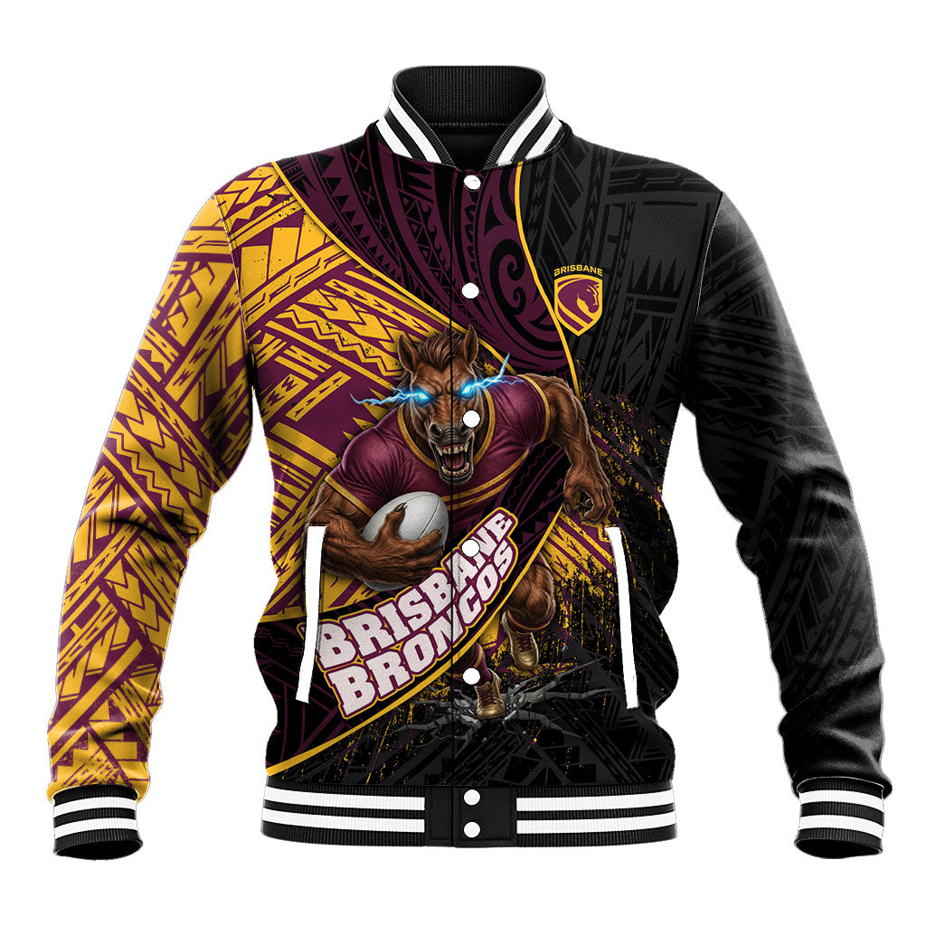 Brisbane Broncos Rugby Baseball Jacket Tribal Polynesian Power Art - Lightning Mascot