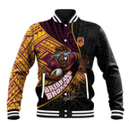 Brisbane Broncos Rugby Baseball Jacket Tribal Polynesian Power Art - Lightning Mascot