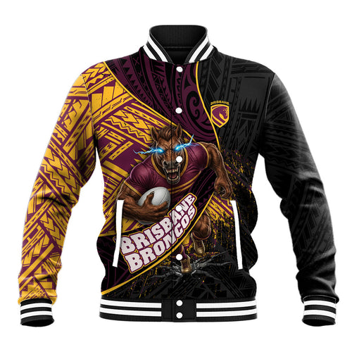 Brisbane Broncos Rugby Baseball Jacket Tribal Polynesian Power Art - Lightning Mascot
