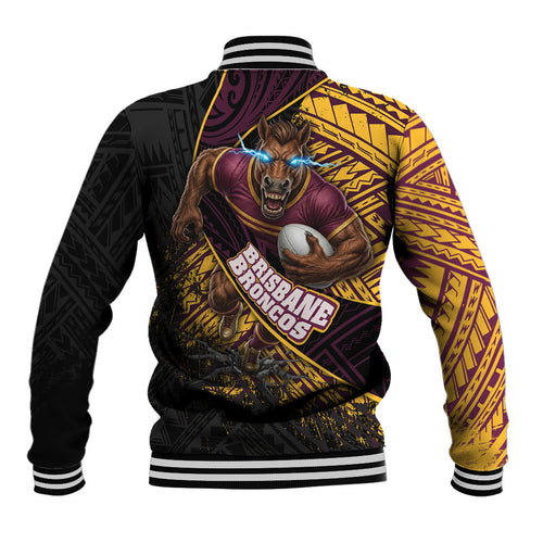 Brisbane Broncos Rugby Baseball Jacket Tribal Polynesian Power Art - Lightning Mascot