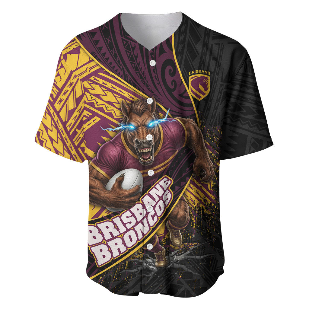 Brisbane Broncos Rugby Baseball Jersey Tribal Polynesian Power Art - Lightning Mascot
