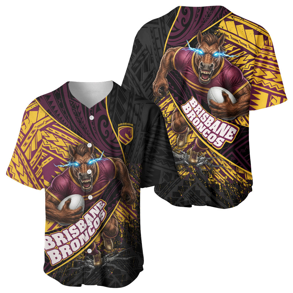 Brisbane Broncos Rugby Baseball Jersey Tribal Polynesian Power Art - Lightning Mascot