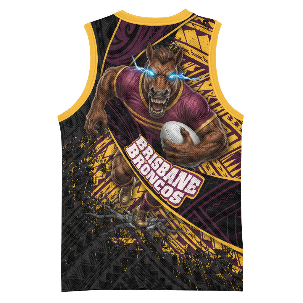 Brisbane Broncos Rugby Basketball Jersey Tribal Polynesian Power Art - Lightning Mascot