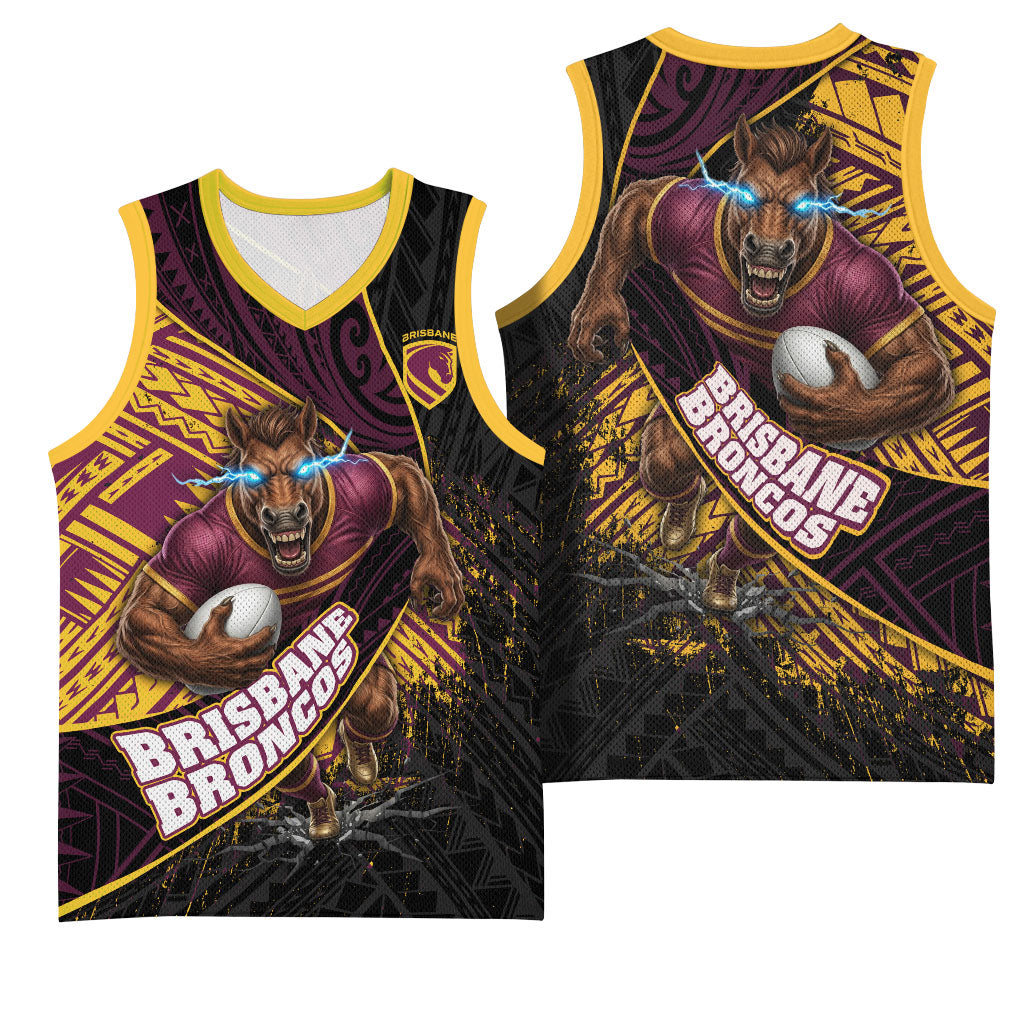 Brisbane Broncos Rugby Basketball Jersey Tribal Polynesian Power Art - Lightning Mascot