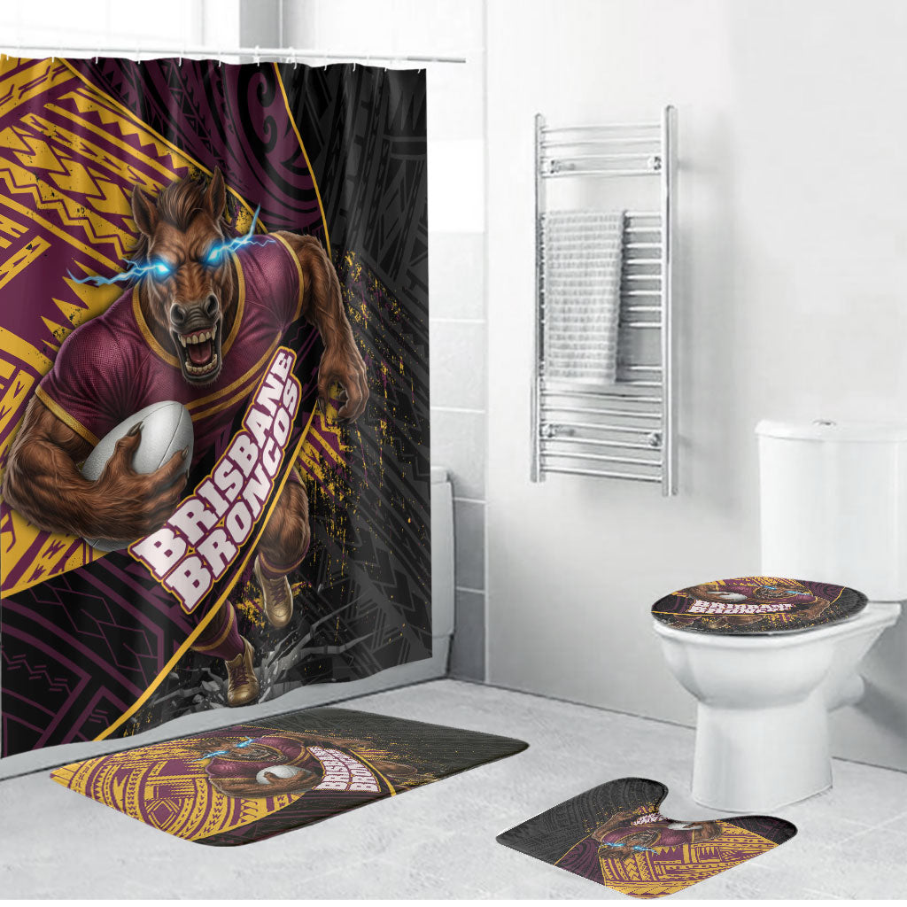 Brisbane Broncos Rugby Bathroom Set Tribal Polynesian Power Art - Lightning Mascot