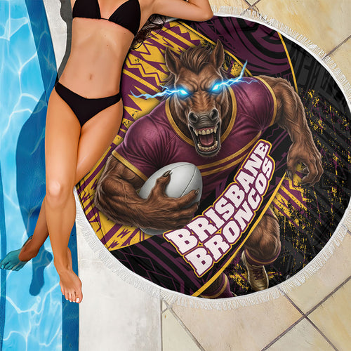 Brisbane Broncos Rugby Beach Blanket Tribal Polynesian Power Art - Lightning Mascot