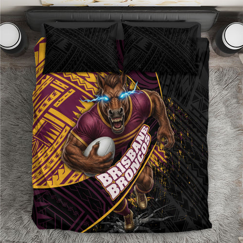Brisbane Broncos Rugby Bedding Set Tribal Polynesian Power Art - Lightning Mascot