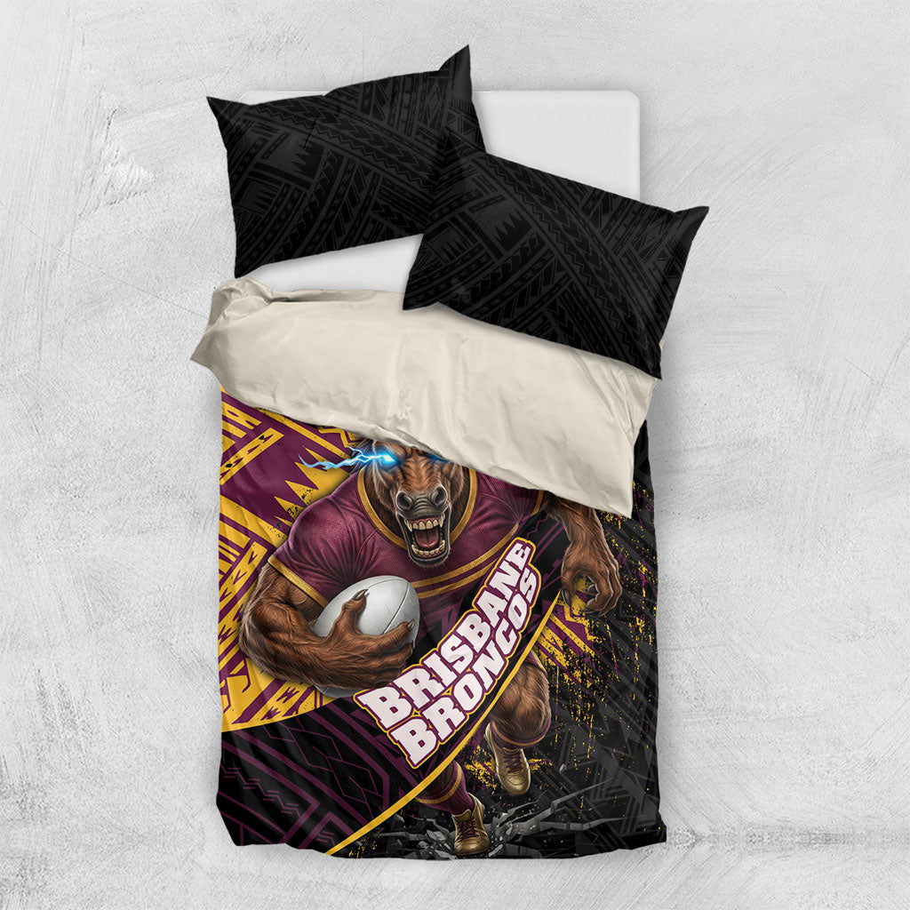 Brisbane Broncos Rugby Bedding Set Tribal Polynesian Power Art - Lightning Mascot
