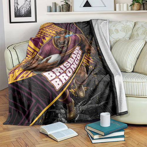 Brisbane Broncos Rugby Blanket Tribal Polynesian Power Art - Lightning Mascot