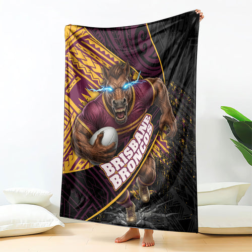 Brisbane Broncos Rugby Blanket Tribal Polynesian Power Art - Lightning Mascot