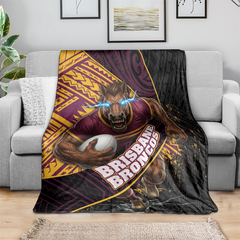 Brisbane Broncos Rugby Blanket Tribal Polynesian Power Art - Lightning Mascot