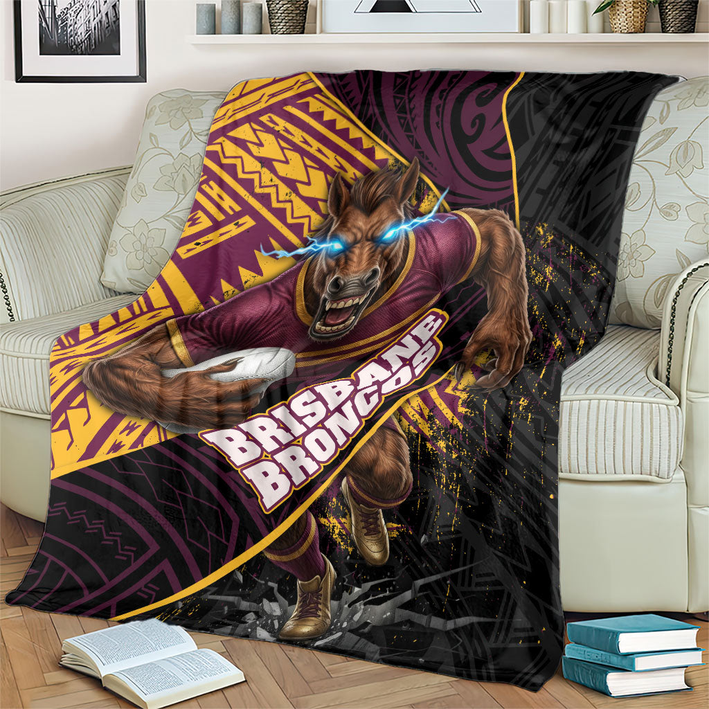 Brisbane Broncos Rugby Blanket Tribal Polynesian Power Art - Lightning Mascot