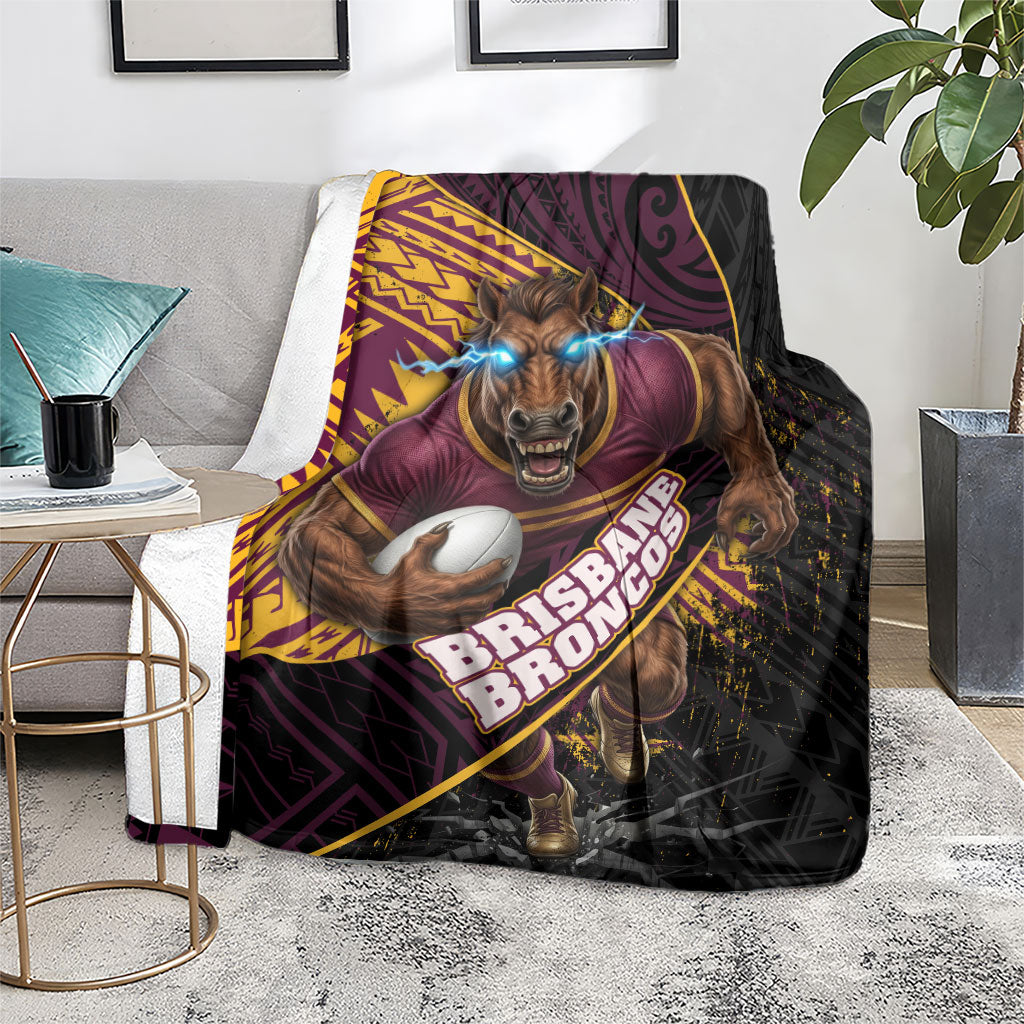 Brisbane Broncos Rugby Blanket Tribal Polynesian Power Art - Lightning Mascot
