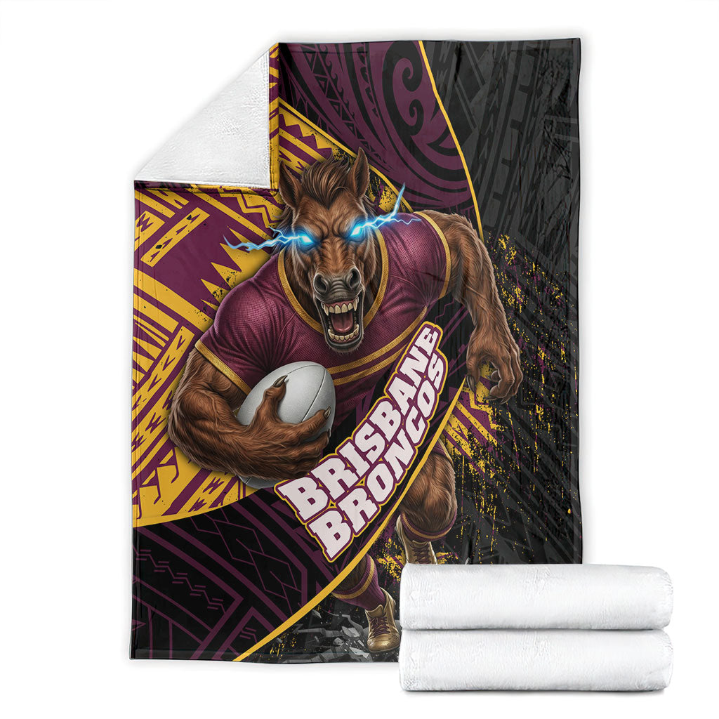 Brisbane Broncos Rugby Blanket Tribal Polynesian Power Art - Lightning Mascot
