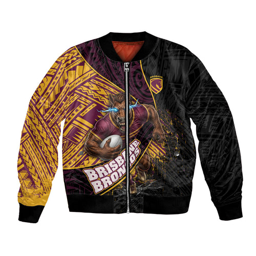 Brisbane Broncos Rugby Bomber Jacket Tribal Polynesian Power Art - Lightning Mascot
