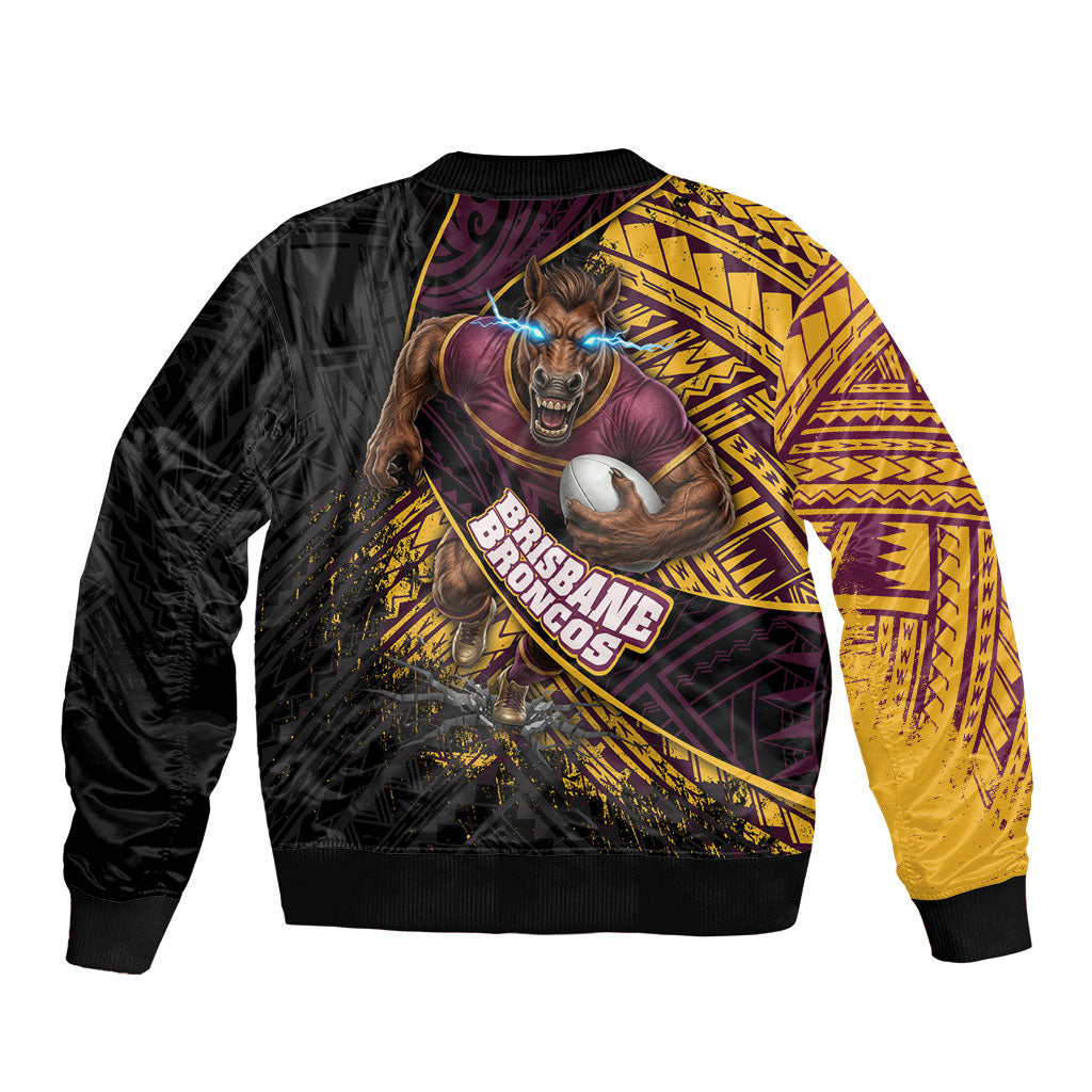 Brisbane Broncos Rugby Bomber Jacket Tribal Polynesian Power Art - Lightning Mascot