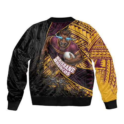Brisbane Broncos Rugby Bomber Jacket Tribal Polynesian Power Art - Lightning Mascot